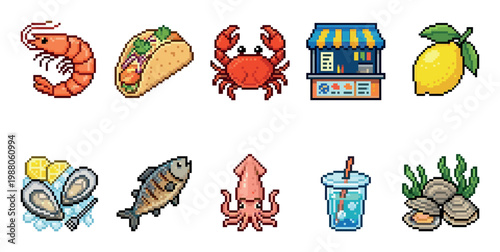 A collection of pixel art icons featuring various seafood items and related elements, including shrimp, taco, crab, food stall, lemon, oysters, fish, squid, drink, and clams.