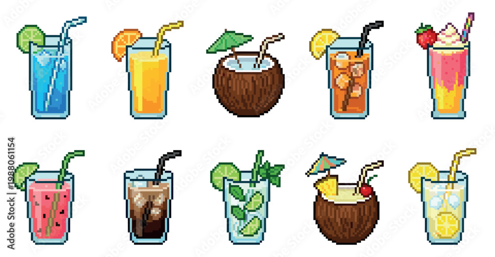 Obraz premium A vibrant collection of pixel art illustrations featuring a variety of refreshing summer drinks and tropical cocktails, perfect for digital design and retro themes.