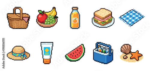 A vibrant pixel art collection features essential picnic items like a basket, fruit, sandwich, cooler, and beach accessories, perfect for summer themes.