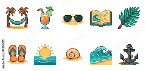 A collection of retro pixel art icons depicting various summer beach vacation elements like a hammock, cocktail, sunglasses, book, and anchor.