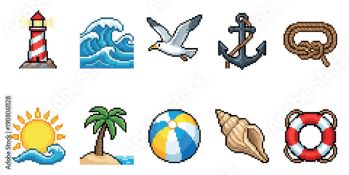 A collection of ten distinct pixel art icons representing summer and beach themes, including a lighthouse, waves, seagull, anchor, rope, sun, palm tree, beach ball, seashell, and life preserver.