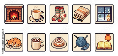 A pixel art collection of ten cozy winter icons, including a fireplace, hot drinks, warm socks, and a sleeping cat, perfect for holiday themes.