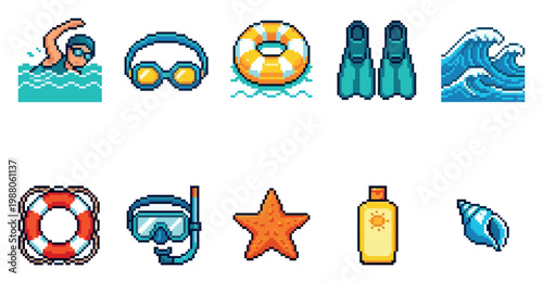 A collection of retro pixel art icons representing summer vacation activities and beach essentials in bright, aquatic colors.