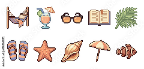 Collection of pixel art icons representing a summer vacation, featuring a hammock, cocktail, sunglasses, book, palm leaf, flip-flops, starfish, seashell, umbrella, and fish.