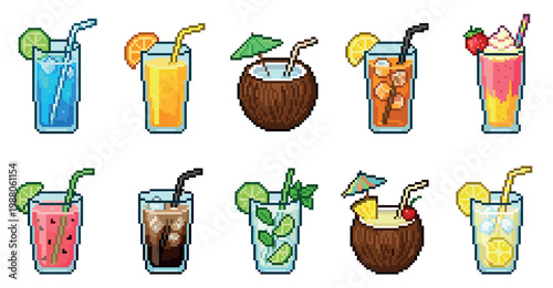 A vibrant collection of pixel art illustrations featuring a variety of refreshing summer drinks and tropical cocktails, perfect for digital design and retro themes.