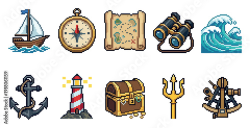 A collection of pixel art icons representing nautical themes, including a sailboat, compass, treasure map, binoculars, wave, anchor, lighthouse, treasure chest, trident, and sextant.