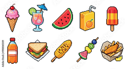 A collection of pixel art icons depicting popular summer foods and drinks, including ice cream, cocktails, watermelon, juice, popsicles, and fish and chips.