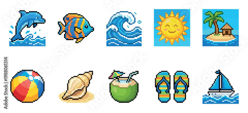 A cheerful collection of pixel art icons depicting summer beach themes, including a dolphin, fish, wave, sun, island, ball, shell, coconut, flip-flops, and sailboat.