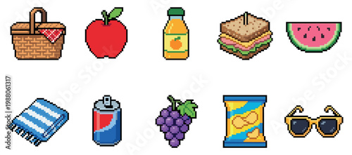 A collection of pixel art icons representing picnic items like a basket, food, drinks, and accessories, perfect for retro or digital designs.