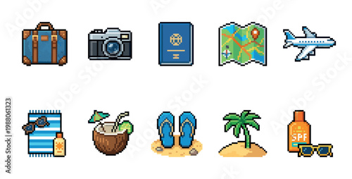 A collection of pixel art icons representing travel and vacation essentials like a suitcase, camera, passport, map, airplane, beach towel, cocktail, flip-flops, palm tree, and sunscreen.
