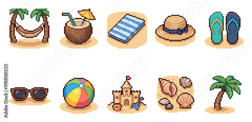 A collection of pixel art icons depicting various beach and summer elements like a hammock, coconut drink, towel, hat, flip-flops, sunglasses, ball, sandcastle, shells, and palm tree.