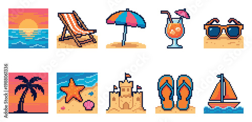 A collection of pixel art icons representing summer beach elements, including a sunset, lounge chair, umbrella, cocktail, sunglasses, palm tree, starfish, sandcastle, flip-flops, and sailboat.