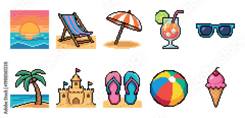 A pixel art collection of beach icons including a sunset, lounge chair, umbrella, cocktail, sunglasses, palm tree, sandcastle, flip-flops, beach ball, and ice cream.