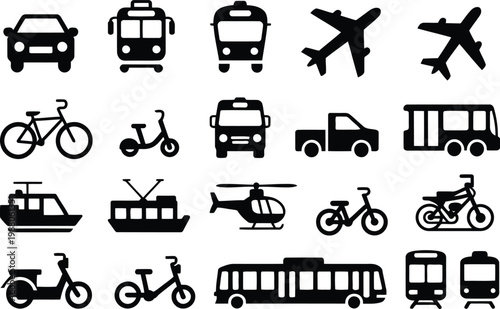 Diverse transportation icons set cars buses planes boats and motorcycles