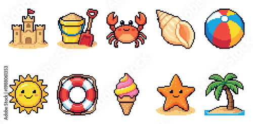 A collection of playful pixel art icons depicting summer beach themes, including a sandcastle, ice cream, and a crab on a white background.