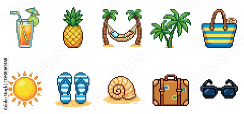 A collection of pixel art icons representing summer vacation essentials, including a drink, pineapple, hammock, palm trees, beach bag, sun, flip-flops, shell, suitcase, and sunglasses.