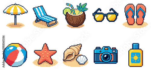 A collection of pixel art icons representing summer beach items like an umbrella, lounge chair, cocktail, sunglasses, flip-flops, ball, starfish, shells, camera, and sunscreen.