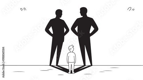 Bullying and Intimidation Concept - Silhouetted Men Looming Over Small Boy for Social Conflict Illustration