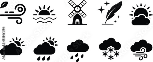 Black silhouette icons representing various weather and natural elements