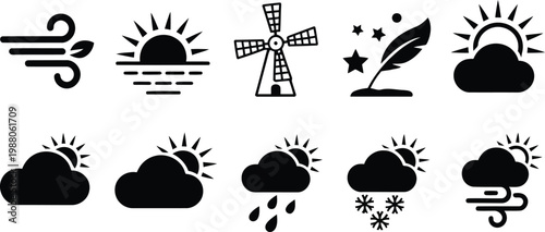 Weather icons set sun wind clouds rain snow and windmill illustrations