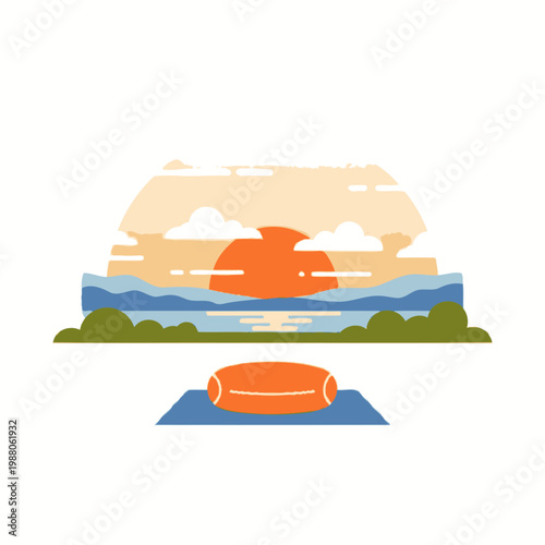Sunrise Yoga Session by the Lake with Meditation Cushion and Scenic Landscape