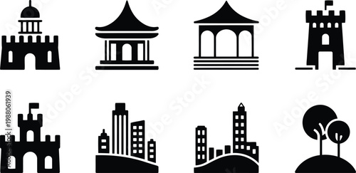Black silhouette icons of various architectural structures and buildings