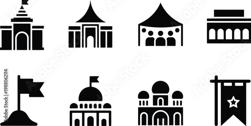 Collection of black silhouette icons representing various architectural landmarks and flags