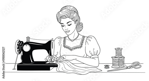 Vintage woman sewing, antique sewing machine, retro fashion illustration, black and white