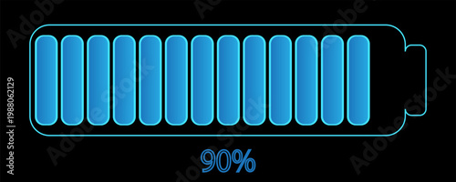 Vector illustration of website loading bar, downloads, uploads in blue color isolated on black background for websites and graphic resources. 90% loaded bar.
