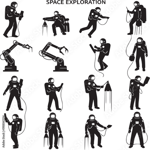 futuristic astronaut and robot icons set for space exploration and technology concepts