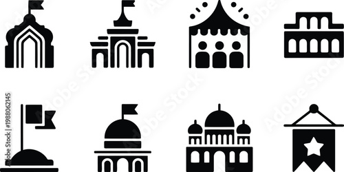 Black silhouette icons of various architectural landmarks and historical buildings
