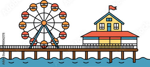 Amusement park pier with ferris wheel and coastal building over ocean water for summer vacation carnival and boardwalk entertainment concepts