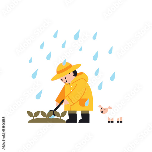 Farmer in yellow raincoat tending plants during rainfall with a piglet nearby