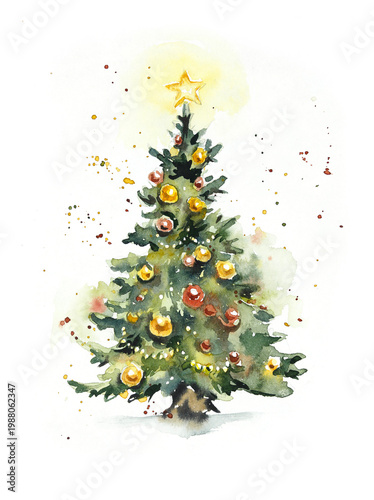 Cuadro en lienzo Evergreen Christmas tree with snow and yellow lights