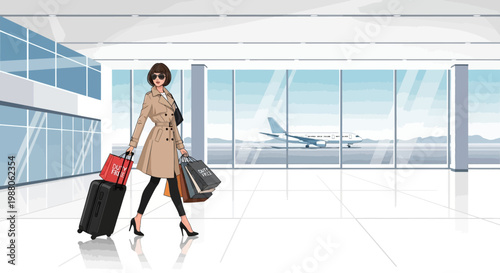 Stylish woman in a trench coat walking through an airport terminal with luggage, depicted in a clean, vector illustration with a minimalist aesthetic and a light, airy color palette