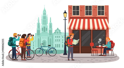 A group of tourists with backpacks and cameras explore a European city street near a historic building, while a lone traveler reads a map near a cafe, depicted in a bright, colorful cartoon