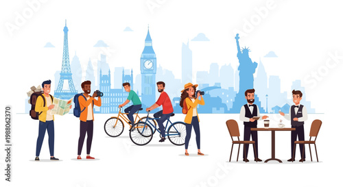 Illustrated scene showing tourists with a map and cameras near cyclists, while waiters serve at tables against a famous skyline featuring the Eiffel Tower, Big Ben, and the Statue
