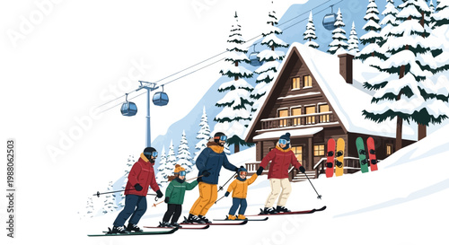 A family skiing down a snowy slope towards a cozy cabin in a winter landscape, featuring tall pine trees, a ski lift, and a bright, cheerful color palette in an illustrative, cartoon style