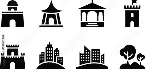 Black silhouette icons of various architectural structures and city skylines