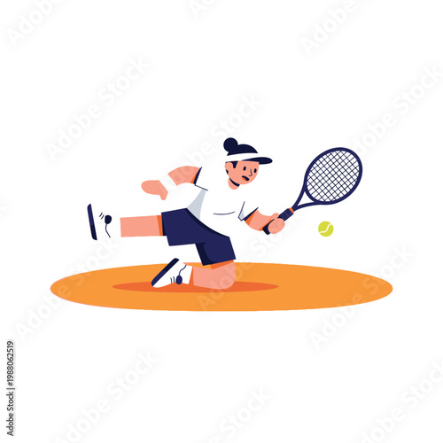 Tennis player hitting a forehand shot on court, dynamic action pose, flat illustration