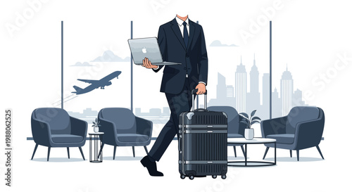 An illustration shows a businessman in a suit walking with a suitcase and laptop in an airport lounge with large windows revealing an airplane taking off and a city skyline
