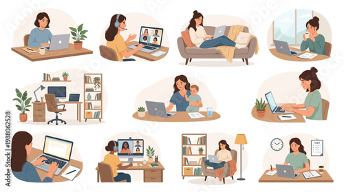 10 Woman Working From Home Illustration Pack – Remote Work & Lifestyle Vector Collection