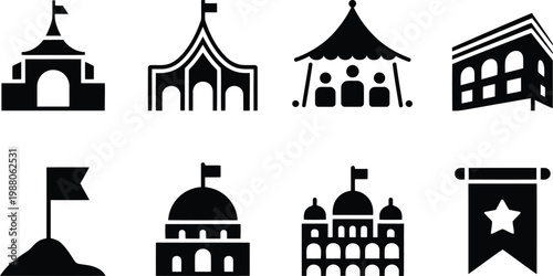 Black silhouette icons of various architectural structures and flags