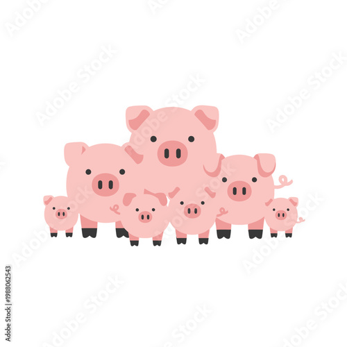 Cute Pink Pig Family Illustration: Parent Pigs and Piglets on White Background