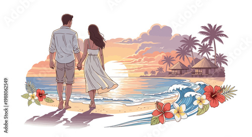 Watercolor illustration of a couple walking hand-in-hand towards the ocean at sunset, with palm trees and beach huts creating a tropical paradise ambiance, rendered in soft pastel colors