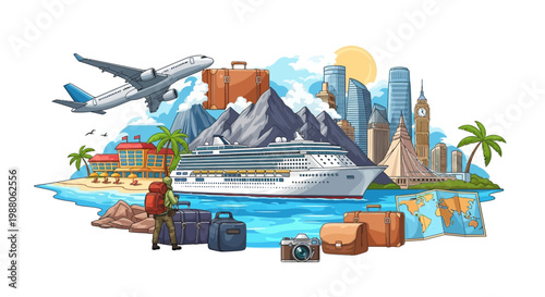 A vibrant, stylized illustration depicts a traveler with luggage near a cruise ship, airplane, and iconic landmarks, set against a white background with a bright, cheerful mood