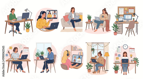 10 Woman Working From Home Illustration Pack – Remote Work & Lifestyle Vector Collection