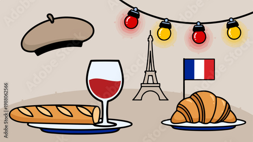 Paris landmarks and food icons