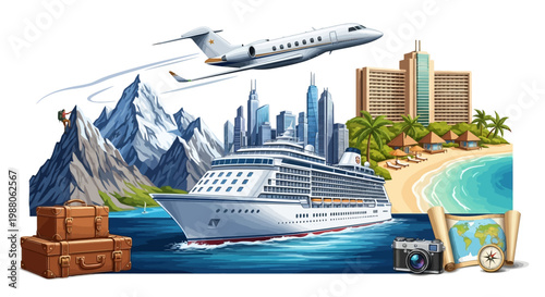 An illustration displays travel destinations and transportation modes, featuring a cruise ship on blue waters, a private jet soaring above a skyline, with a beach scene and luggage