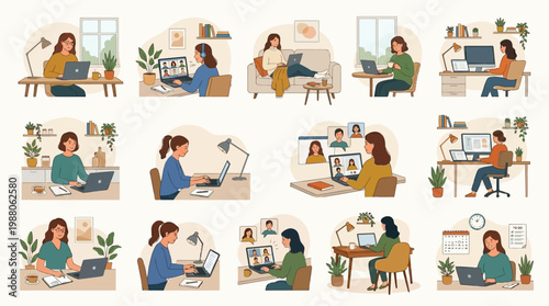 10 Woman Working From Home Illustration Pack – Remote Work & Lifestyle Vector Collection